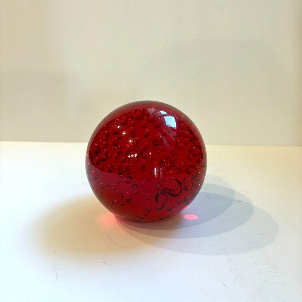 Vintage Red Art Glass Paperweight, Controlled Bubble Glass Decor